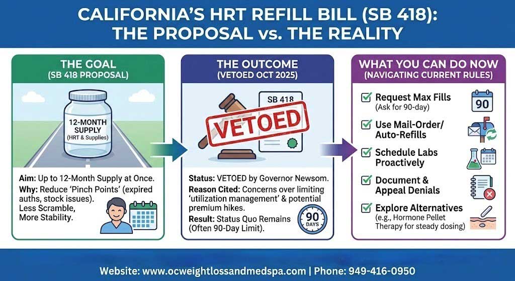 California HRT refill bill SB 418 showing proposal, veto outcome, and patient options