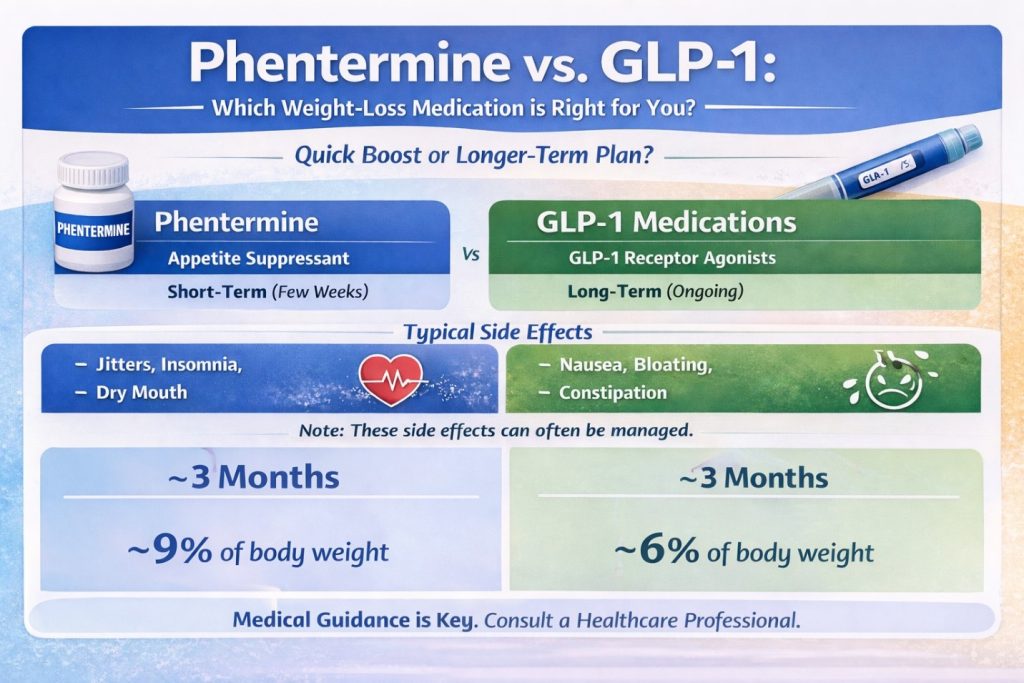 Side-by-side comparison infographic: phentermine vs GLP-1 medications for weight loss
