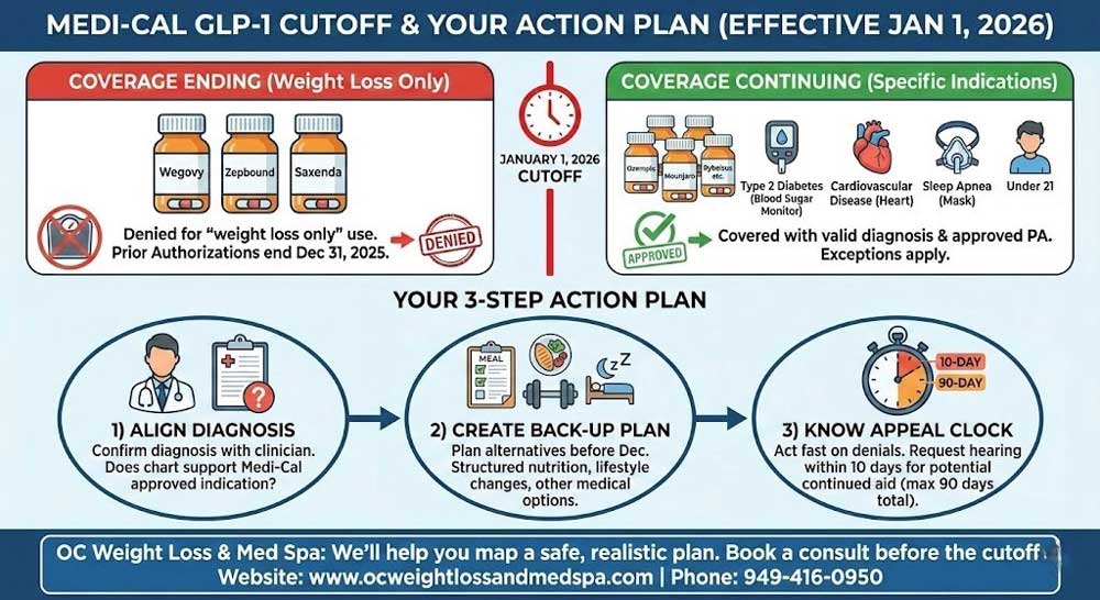Medical GLP-1 cutoff illustration showing coverage changes and patient action plan